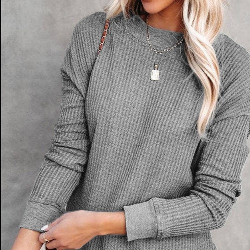 Waffle Ribbed Trim Crewneck Top